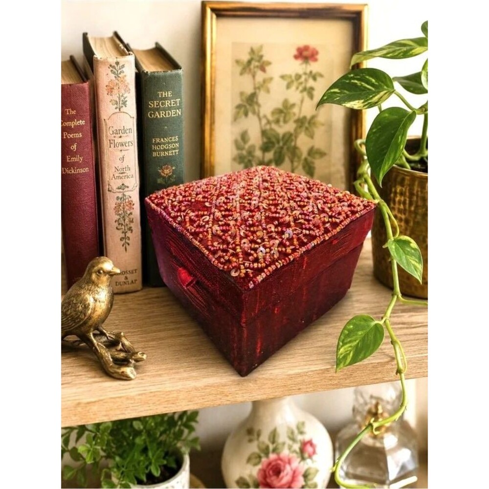 Vintage Red Beaded Wooden Jewelry Box Trinket Keepsake Box Mirror Boho Decor